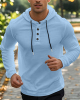 Herren nan Henley-Kapuzenpullover mit Knopfleiste und verstellbarem Kordelzug Drune in Hellblau