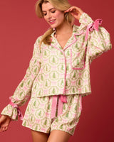 Damen nan verspieltes zweiteiliges Pyjama-Set mit Volantärmeln, Kordelzug und Brusttasche Drune in Grün