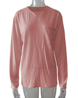 Damen nan legeres Langarmshirt mit V-Notch-Ausschnitt, Brusttasche und lockerer Oversize-Passform Drune in Pink - mit Tasche, Langarm