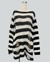 Damen nan Oversized Grobstrickpullover mit breiten Blockstreifen und aufgerissenem Design Drune in Lang Schwarz-Weiß