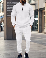 Herren nan Strick-Trainingsset mit halbem Reißverschluss, Zopfmuster-Pulli und Kordelzug-Jogger Drune in Weiß