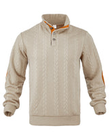 Herren nan Zopfmuster-Pullover mit Stehkragen, halber Knopfleiste und Ellbogenpatches Drune in Hellkhaki