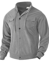 Herren nan strukturierte Cord-Workerjacke mit verdeckter Kapuze, Druckknopfverschluss und aufgesetzten Brusttaschen Drune in Grau