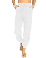 Damen nan leichte Leinenoptik Freizeit-Hose mit hohem elastischem Bund, Kordelzug, aufgesetzten Taschen und elastischen Knöchelbündchen Drune in Weiß