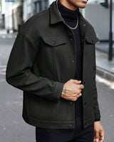 Herren nan Wolloptik-Overshirt Jacke im Shacket-Stil mit Brustklappen und Druckknopfleiste Drune in Schwarz