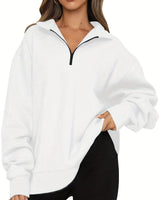 Damen nan Oversized Sweatshirt mit Kurzreißverschluss, Stehkragen und Kängurutasche Drune in Weiß