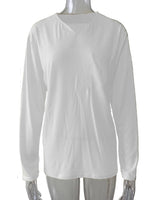 Damen nan legeres Langarmshirt mit V-Notch-Ausschnitt, Brusttasche und lockerer Oversize-Passform Drune in Ohne Tasche - Weiß Langarm