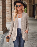 Damen nan langer gerippter Cardigan mit aufgesetzten Taschen und offener Front Drune in Khaki