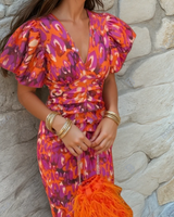 Gina | Abstrakt Muster Hochzeitsgastkleid in Orange