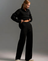 Damen Lounge Set mit Weitbein Hose und Polo Pullover in Schwarz