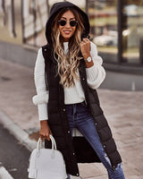Daniela | Damen Lange Kapuzen Stepp Puffer Weste für den Winter in Schwarz