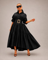 Midikleid Annelie™ mit Hemdkragen, weiten Ärmeln und fließendem Schnitt in Schwarz