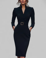 Damen Langarm Gegürtet Midi Etui Kleid in Schwarz