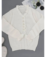 Roswitha | Damen Weiße Strickjacke mit Rüschen, V Ausschnitt und Knöpfen in Weib