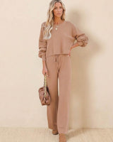 Leilani | Weites Bein Rundhals Lounge Zweiteiliges Set in Khaki