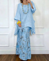 Amara™ Baumwoll-Leinen-Set mit Oversize-Bluse und Palazzohose in Blau