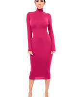 Damen Langarm Rollkragen Midi Etui Kleid in Dunkelrosa