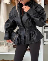 Empire Linie™ Jacke aus Premium-Kunstleder mit betonter Taille und Zentralem Knopf / Kraft und Eleganz in Jeder Bewegung! in Schwarz