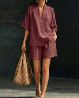 Ayla™ Baumwoll-Leinen-Set mit V-Ausschnitt-Bluse in Bordeaux