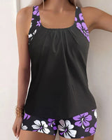 Ravina | Dein stylisches 2-teiliges Schwimmset für Sommer & Strand in Schwarz mit Lila Blumen