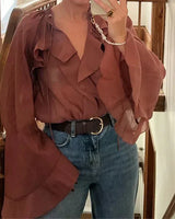 Damen Braun Rüschen Langarm Bluse in Braun