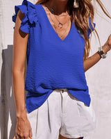 Jade | Rüschenärmel Rundhals Top in Blau