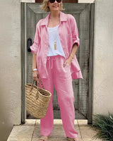 Yasmine™ Baumwoll-Leinen-Set mit Button-down-Hemd und verstellbaren Ärmeln in Rosa