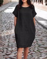 Alissea™-Kleid aus Baumwollleinen mit Weitem Schnitt in Schwarz
