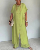 Aurenya™ Set Mit Asymmetrischer Tunika und Fließender Pantalonhose in Hellgrün