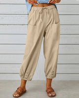 Kobe™ Baumwoll-Leinen-Hose mit Fronttaschen und verstellbarem Kordelzug in Khaki