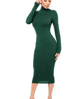 Damen Langarm Rollkragen Midi Etui Kleid in Grün