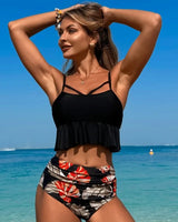 Oceana™ Bikini-Set Mit Crop-Top Mit Volant Und High-Waist-Hose in Schwarz