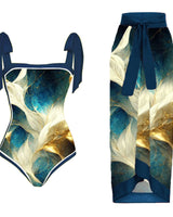 Alenya | Dein figurformender Push-Up-Einteiler mit passender Strandrobe in Dunkelblau / Gold abstrakt