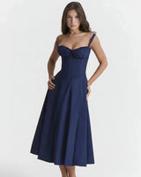 Linda | Damen Blumenkleid Korsett Seitenschlitz Midi – Blumen Korsett Midi 2026 in Marineblaues Linsay