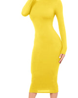 Damen Langarm Rollkragen Midi Etui Kleid in Gelb