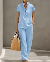 Marelisse™ Set aus leichtem und atmungsaktivem Stoff mit lockerer Bluse und weiter Hose in Himmelblau