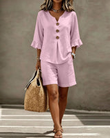 Helene™ Leinen-Baumwoll-Set Mit V-Ausschnitt Und Locker Fallender Shorts in Rosa