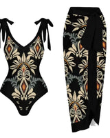 Alenya | Dein figurformender Push-Up-Einteiler mit passender Strandrobe in Schwarz / Beige mit Blumenmuster