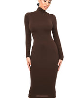 Damen Langarm Rollkragen Midi Etui Kleid in Kaffee