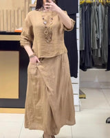 Bellarive™ Set Aus Baumwoll-Leinen Mit Weiter Bluse und Wickelrock in Khaki