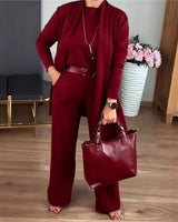 Evanna™ Set mit Basic-Shirt, Langem Cardigan und Gerade Geschnittener Hose / Diskrete Eleganz, die Selbstvertrauen Ausstrahlt! in Rot