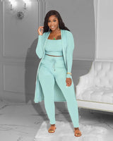 Velmira™-Set mit Kurz Geschnittenem Oberteil, eng Anliegender Hose und Locker Fallendem Cardigan in Blau