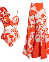 Alenya | Dein figurformender Push-Up-Einteiler mit passender Strandrobe in Rot / Orange / Blumenmuster
