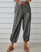 Kobe™ Baumwoll-Leinen-Hose mit Fronttaschen und verstellbarem Kordelzug in Dunkelgrau