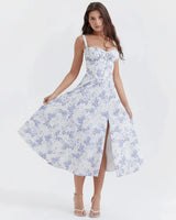Linda | Damen Blumenkleid Korsett Seitenschlitz Midi – Blumen Korsett Midi 2026 in Blaues Blumen-Linsay
