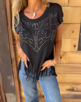 Lumivibe™-Bluse mit Strassverzierungen und Zarten Fransen am Saum in Schwarz