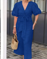 Natasha - Elegantes V-Ausschnitt Kleid in Blau