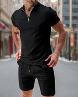 Pietro™ Premium-Strickset mit Struktur mit Zip-Poloshirt in Schwarz