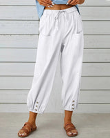 Kobe™ Baumwoll-Leinen-Hose mit Fronttaschen und verstellbarem Kordelzug in Weiß