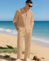 Luca™ Baumwoll-Leinen-Set mit Button-Down-Hemd in Khaki